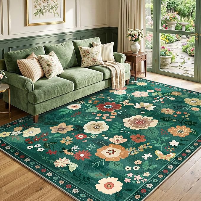 RELEANY Floral Nursery 6x9 Area Rugs Washable Print Boho Cute Carpet Non Slip Flower Low Pile for Living Room Kids Girls Playroom Bedroom Kitchen Office Farmhouse-Dark Green
