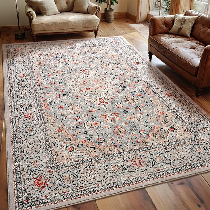 Goideal Washable Rug 5x7, Beige Area Rugs Non Slip, Indoor Low Pile Carpet with Rubber Backing for Living Room Kitchen Bathroom Entryway Office Bedroom