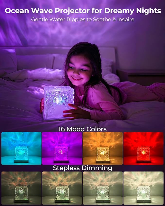 Rechargeable Shower Light No Wiring, 16 Color Ocean Wave Projector Light Cordless, Waterproof Shower Mood light with Remote, Bathtub Lights for Relaxing Spa, Water Ripple Projector for Bathroom Decor