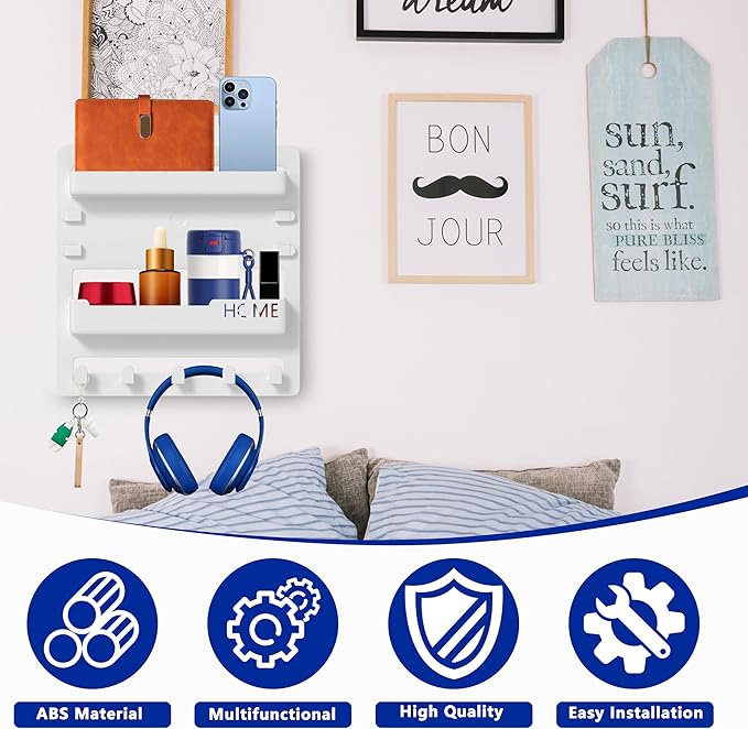 Bedside Wall Mount Organizer,Bedside Wall Shelf Accessories Floating Shelves Stick On for Bedroom Storage Organization,Aesthetic Room Dorm Decor for Girls,Cute Stuff for Teens,5 Hooks-White