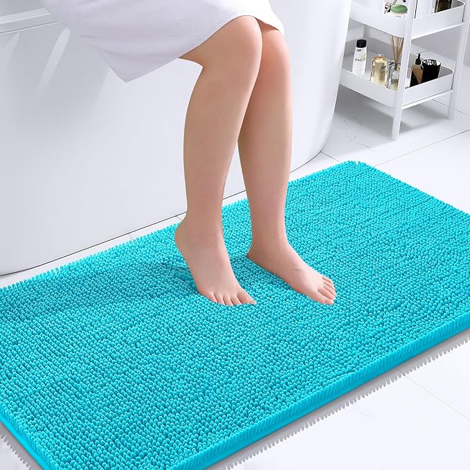 OLANLY Bathroom Runner Rugs 44x24, Soft Absorbent Chenille Bath Rugs, Rubber Backing Quick Dry, Machine Washable Long Bath Mats for Bathroom Floor, Tub and Shower, Home Decor Accessories, Aqua Sky