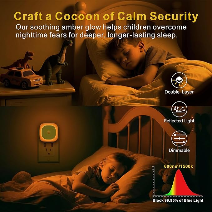 YUNLEX 2 Pack Plug in Night Light with Motion Sensor & Dusk to Dawn Sensor, 3 Sensor Modes, Dimmable Night Lights Plug into Wall, Amber Nightlight for Sleep, Bathroom, Bedroom, Indoors, Kids