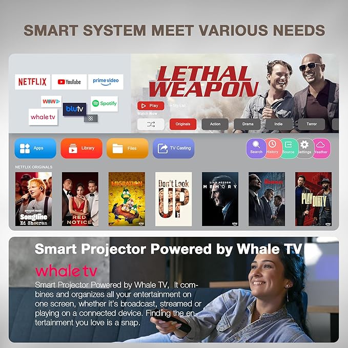 [Officially-Licensed App & Auto Focus] Light Grey Smart Standard Projector with WiFi and Bluetooth, XuanPad 4K Support Movie Projector, Portable Native 1080P Outdoor Projector with 360° Stand