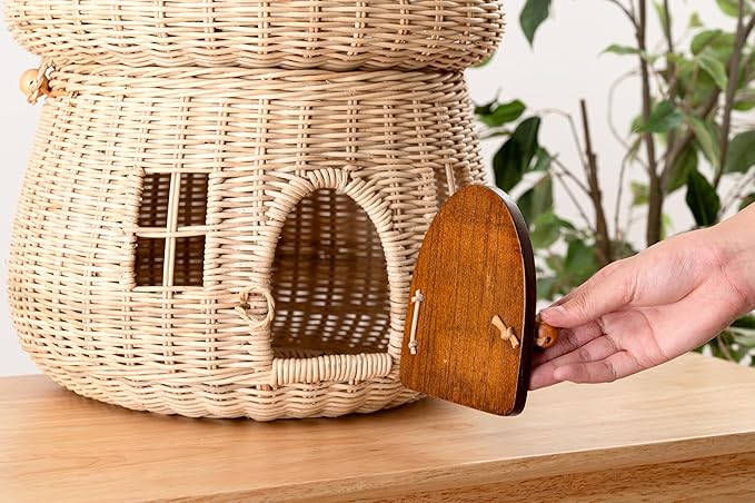 Mushroom Shaped Storage Basket, Extra Large Size, Natural, Rattan and Mindy Wood Door, D14"xW14"xH15" (36x36x38cm), Indirect Lighting Box, BLY-21NA