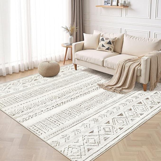 cotiled 10x10 Area Rug Living Room: Washable Boho Rugs with Non Slip Backing Large Soft Indoor Stain Resistant Carpet for Bedroom Farmhouse Dining Room Lightweight Home Decor L Brown/Cream