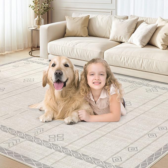 cotiled 5x7 Area Rug Living Room: Washable Boho Rugs with Non Slip Backing Large Soft Indoor Stain Resistant Carpet for Bedroom Farmhouse Dining Room Lightweight Home Decor Grey Beige