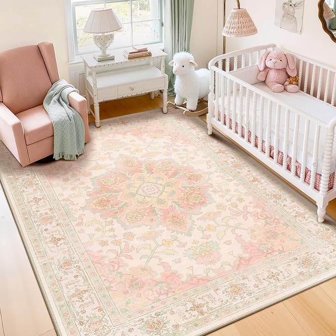 CAPALOCA Machine Washable Rugs Nursery Rug 3x5 Cute Girl Non Slip Low Pile Water Repellent Soft Print Pattern for Bedroom Indoor Decor Kids Playroom Pink Green