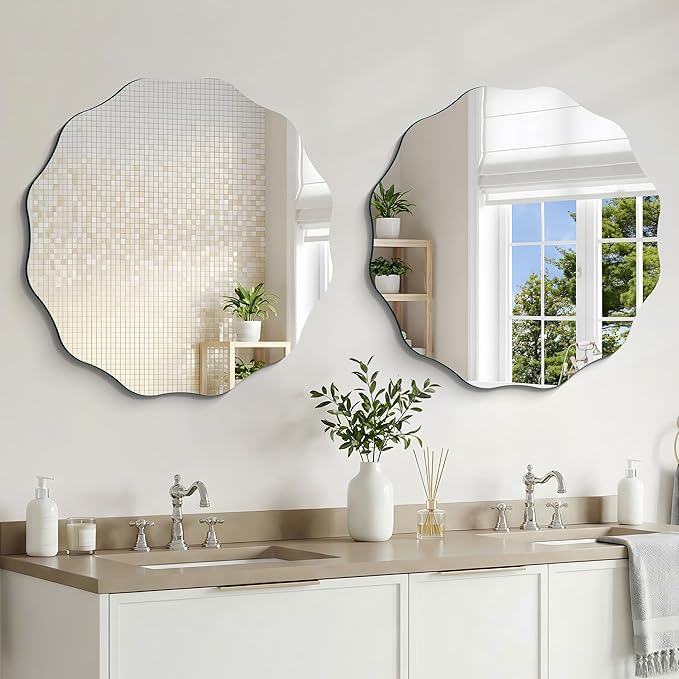 CILIBER Frameless Wavy Round Mirror, 28'' Scalloped Circle Wall Mirror, 3mm Tempered Glass Decorative Bathroom Vanity Mirror, Mounting/Leaning for Mantel, Living Room, Bedroom and Entryway