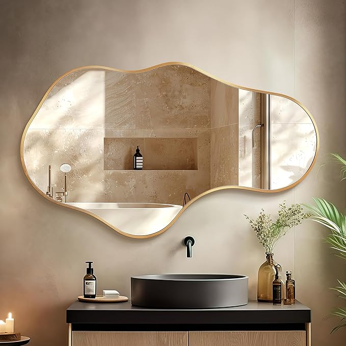 Bathroom Mirrors for Over Sink - Wall Mirrors Decorative 26"x 43" Asymmetrical Abstract Aviation Aluminum Alloy Frame Unique for Bathroom, Bedroom, Living Room, Cloakroom, Entryway Gold