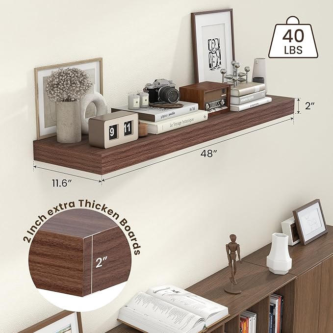 FLYJOE 48 Inch Walnut Floating Shelf | 12 Inch Deep Floating Shelves Set of 1 | 48" D x 12" D Rustic Wood Shelves for Wall | Deep Walnut Shelves for Living Room Bathroom Laundry Room Kitchen