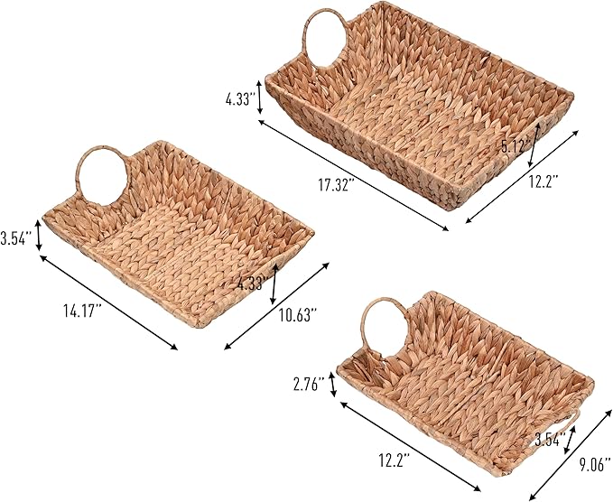 happimess TRY2000A-3SET Rowan Bohemian Cottage Handwoven Hyacinth Rectangular Decorative Basket Trays with Handles, Natural (Set of 3) for Storage and Decoration in Bathroom, Bedroom, Living Room