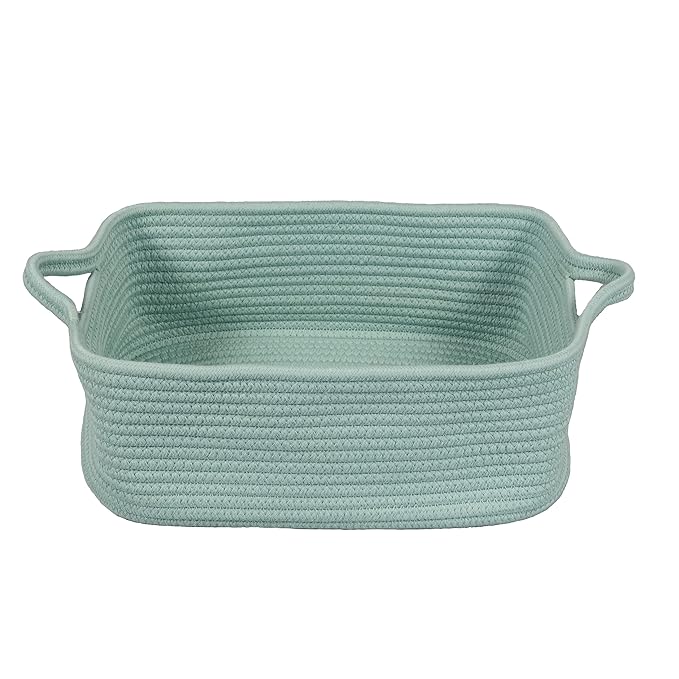 XUANGUO Woven Cotton Rope Storage Basket with Handles for Organizing Shelves Closet Small Cat Dog Pet Toy Baskets Box Bin Decorative Rectangle Baby Nursery Basket Gift Basket Empty (Light Green)