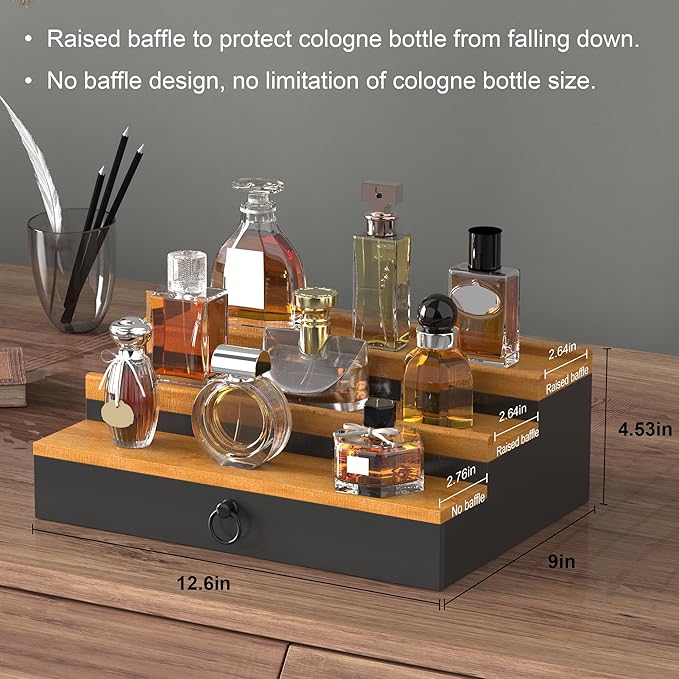 upcessory Cologne Organizer for Men, 3 Tier Wood Perfume Organizer with Felt Lining Drawer and Hidden Compartment Perfume Display Holder, A gift for men