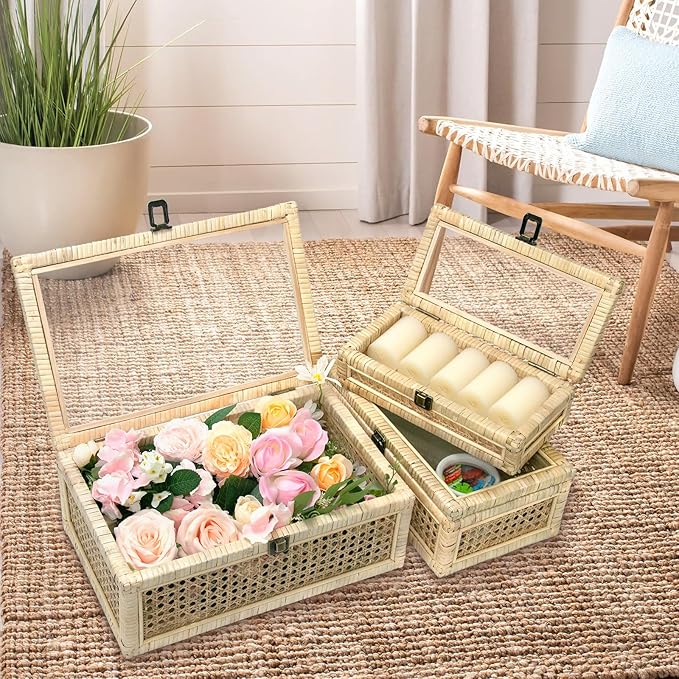 Boho Rattan Display Boxes with Glass Lids, 3 Pcs Large Natural Handwoven Cane Basket, Home Decor Organizers Storage Bins, Natural Finish Display Boxes