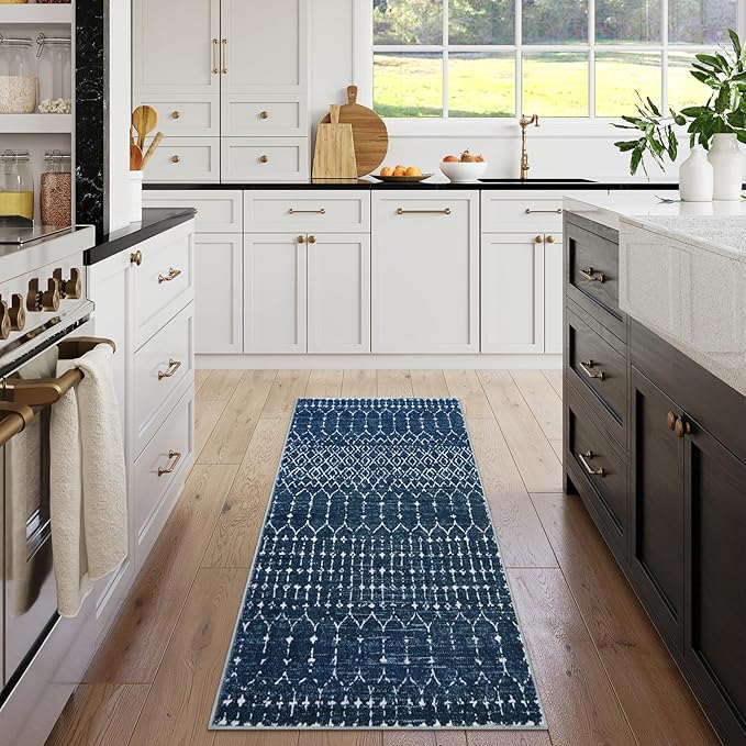 Lahome Moroccan Runner Rugs for Hallway 2x4 Bathroom Rugs Non-Slip Small Throw Kitchen Carpet Low-Pile Mat for Entryway Laundry Room Mat Geometric Indoor Carpert for Entrance Bath Hana, Blue