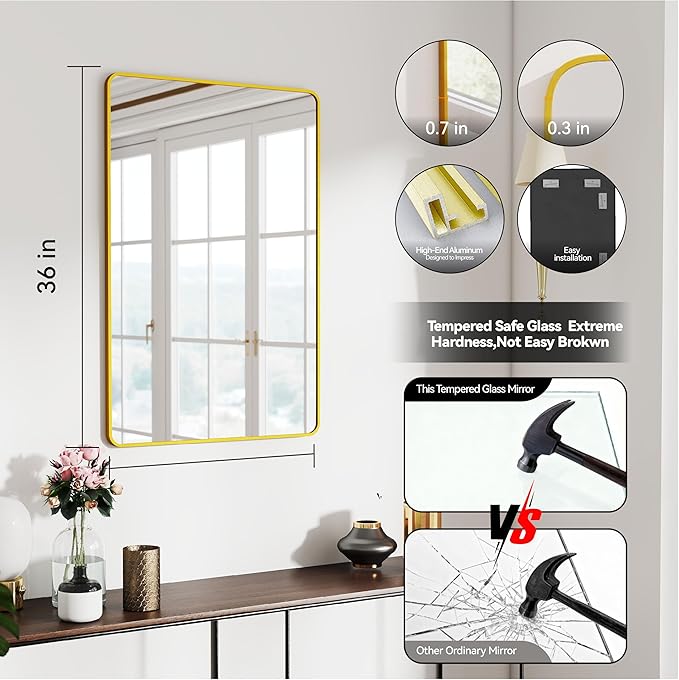 SCWF-GZ 24x36 Vanity Mirror Full Length Wall Mounted Aluminum Alloy Metal Frame Dressing Round Rectangle Mirrors for Entryway Bedroom Bathroom Living Room Horizontally or Vertically 36x24 inch Gold