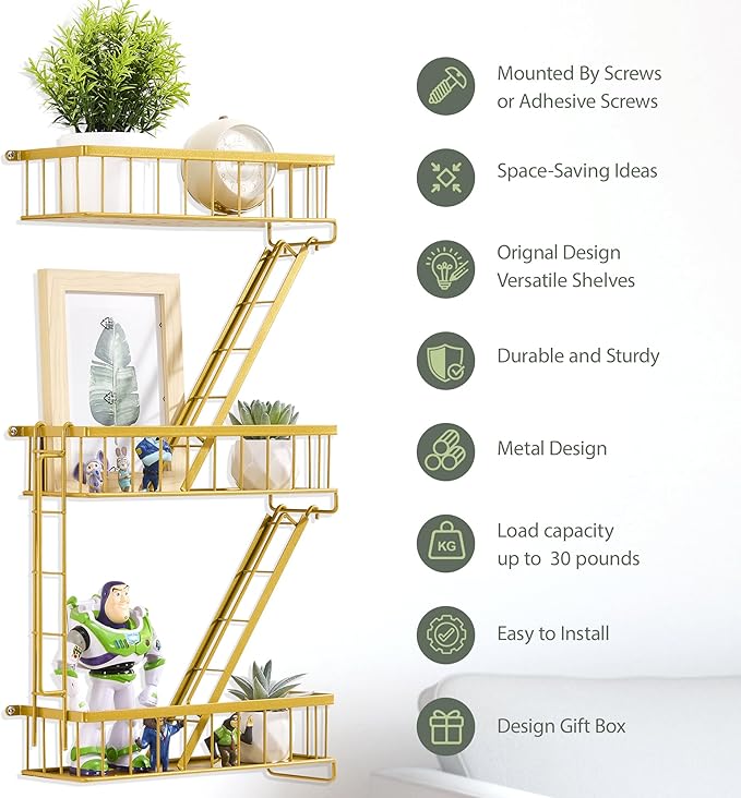 SweetSage Fire Escape Wall Shelf Gold - New York Decorative Ladder Shelf, Metal Decorative Shelving for Living Room, Home Décor, Action Figure Display (3-Tier)