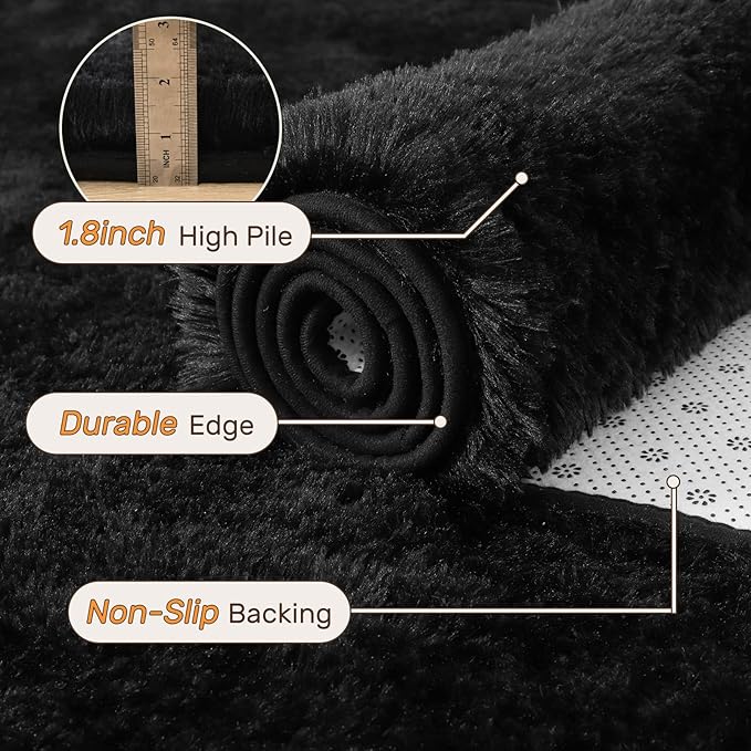 7x10 Black Area Rugs for Living Room, Large Fluffy Shag Bedroom Rugs Non-Slip, Ultra Soft Plush Carpet for Nursery Kids PlayRoom Dorm Office Indoor Modern Carpets