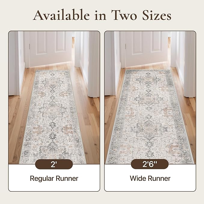GENIMO 2'6"x9 Runner Rugs for Hallway, Machine Washable Non Slip Vintage Rugs, Low Pile Soft Chenille Print Rug for enrtyway, Corridor, Home Office,Light Taupe Brown
