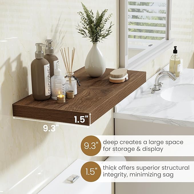 Fun Memories 40" W x 9.3" D Floating Shelves for Wall, Deep Long Floating Shelf for Home Bathroom, Bedroom, Living Room, Rustic Wood Wall Mounted Shelves for Books Decor, Walnut