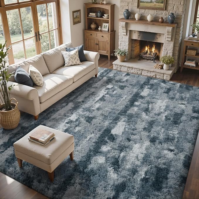5x7 Feet Area Rugs for Living Room, Grey and Blue Plush Fluffy Shaggy Bedroom Rugs Non-Slip, Ultra Soft Carpet for Nursery Kids PlayRoom Dorm Office Indoor