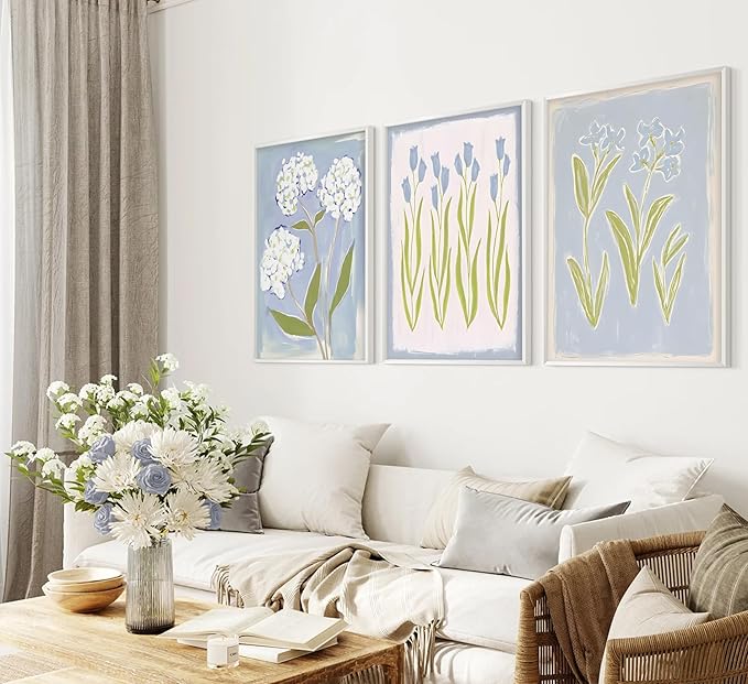 3Pcs Blue Green Tulip Hydrangea Flower Wall Art Flowers Plant Aesthetics Painting Picture Decor Elegant Preppy Poster Print Artwork for Living Room Gallery Bedroom Dorm Home Decoration