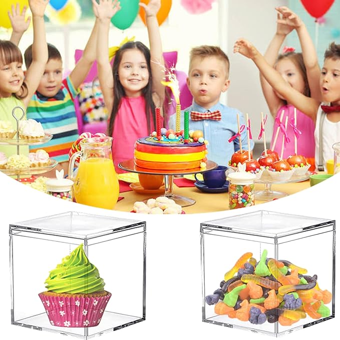 KissYou Acrylic Box with Lid Clear Display Box 4 Pieces Plastic Square Cube Jewelry Storage Contanier Wedding Graduation Party Candy Boxes