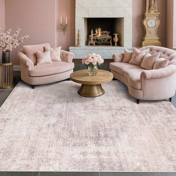 Hazo Haus Modern Pink and Grey 5x7 Area Rugs for Bedroom - Abstract Living Room Rug, for Dining Room Under Table, Washable, Non Slip & Soft, Medallion Distressed Print Pattern