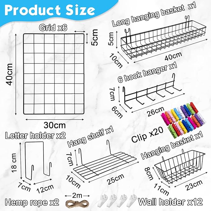 6 Pack 16 x 12 Inch Black Wall Grid Wire Panel with Accessories 1 Black Hanging Wire Basket, 1 Shelf, 1 Hook Rack, 2 Letter Sorter Shelf, 20 Clips, 12 Non Trace Nail, 2 Hemp Rope, Photo Home Decor
