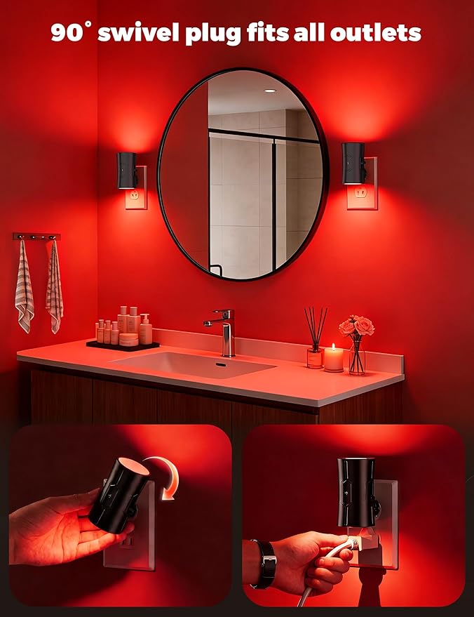 fesnne Night Light, 2-Pack Dimmable Plug-in Night Light with Auto On/Off & 90°Rotatable Plug, 0-100LM Adjustable Brightness,1W Ultra Low Energy for Bedroom, Hallway, Bathroom, Nursery, Kids Room, Red