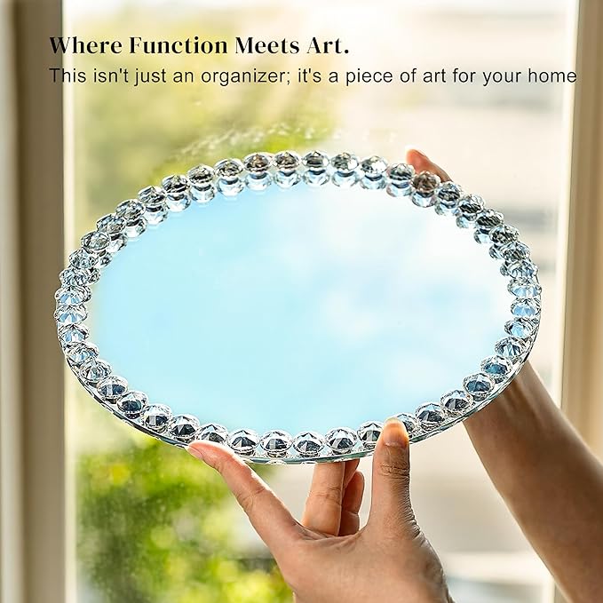 kanpura Crystal Perfume Tray Mirror Glass Makeup Vanity Organizer Jewelry Trinket Display Mirrored Decorative Tray for Bathroom Bedroom, Home Decor, Hotel Banquet, Party(Round 10 inch) (Silver)