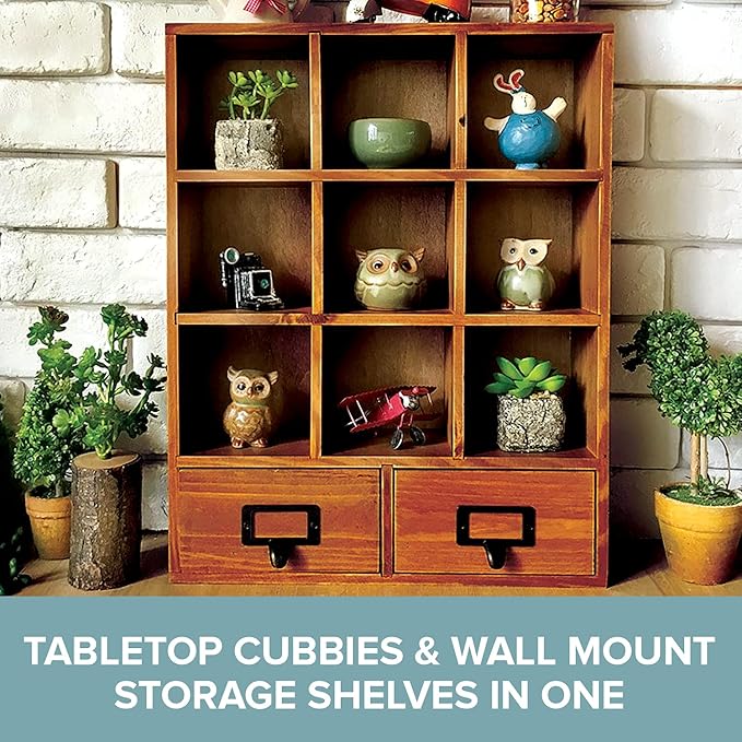 Primo Supply 2-Way Wood Cabinet Cubbies - Rustic Home Decor - Floating Shelves for Storage - Farmhouse Desk Shelf with Drawers - Cube Shelf Display - Vintage Bedroom Decor