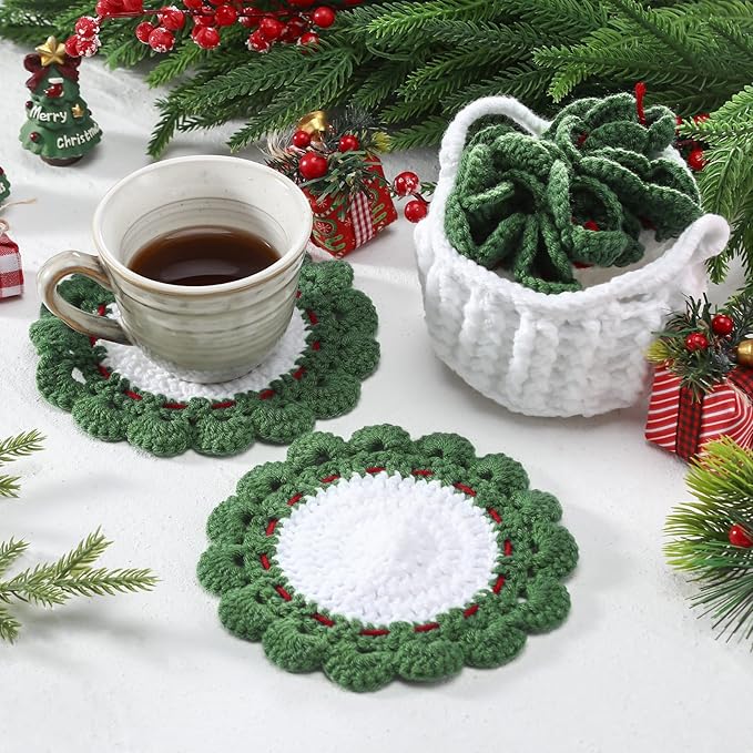 5 Pcs Wreath Crochet Coaster Set Wreath Coaster with White Pot Storage Basket Handmade Present Woven Cup Mats Kit for Holiday Party Gifts Kitchen Office Home Decor