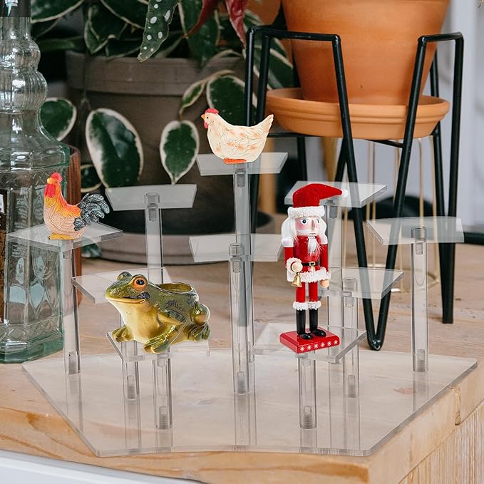 Multi-layer Acrylic Display Rack with 10 Curved Slots, Doll Rack and Handicrafts Storage Shelf for Collectibles and Makeup Organizer