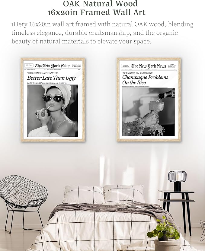 iHery Better Late Than Ugly Natural OAK Wood Audrey Hepburn Newspaper Trendy Framed Wall Art, Large 16x20 in Vintage Headline Canvas Bedroom Wall Decor, Set of 1 Bathroom Girly Dorm Living Room