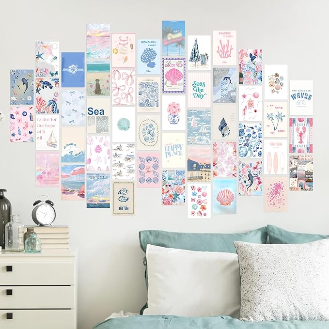 KBKBART Coastal Granddaughter Room Decor, Pink and Blue Wall Collage Kits, 50 Pcs 4x6 Inch Beachy Aesthetic Wall Art Prints Posters, Coastal Cowgirl Room Dorm Wall Decor for Teen Girls