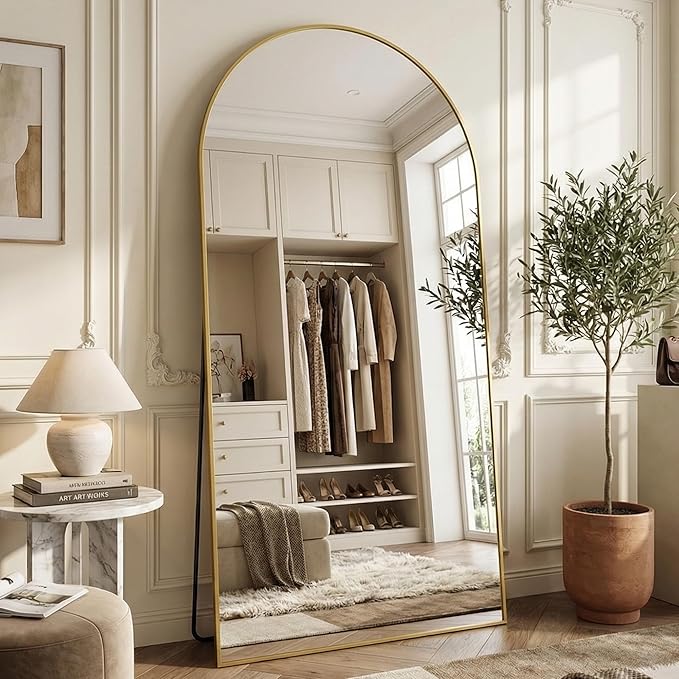 Suidia 90"x46" Arched Full Length Mirror with Stand, Full Body Mirror with Aluminum Frame, Freestanding/Leaning/Wall-Mounted, Floor Mirrors for Bedroom, Living Room, Entryway, Dressing Room, Gold