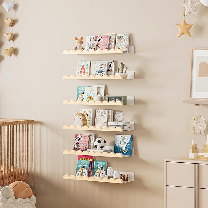 6-Pack Nursery Book Shelves, Scalloped Floating Shelves for Wall Kids, 15.7" Wood Wall Book Shelf for Bedroom Kids, Toddler Room, Baby Room, Nursery Decor,White and Wood