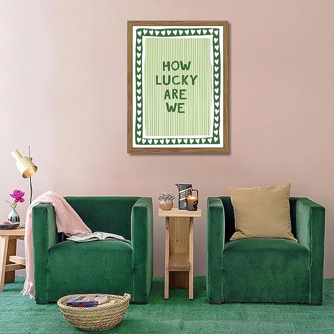 How Lucky Are We Wall Art, Vintage Green Inspirational Canvas Wall Decor Painting, Trendy Preppy Stripe Quotes Posters Prints Pictures for Bedroom Dorm Apartment Decor 16x24 Inch Framed