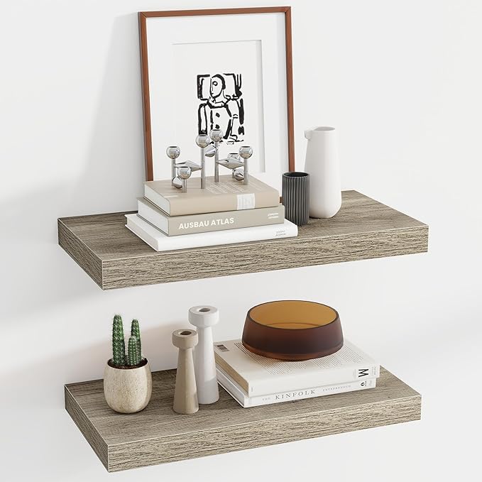 Acovy 24 Inch Floating Shelves, 12 Inch Deep Floating Shelves for Wall, Floating Shelf with Invisible Brackets, Deep Shelves for Bathroom, Bedroom, Living Room, 2 Pack, Vintage Gray Oak