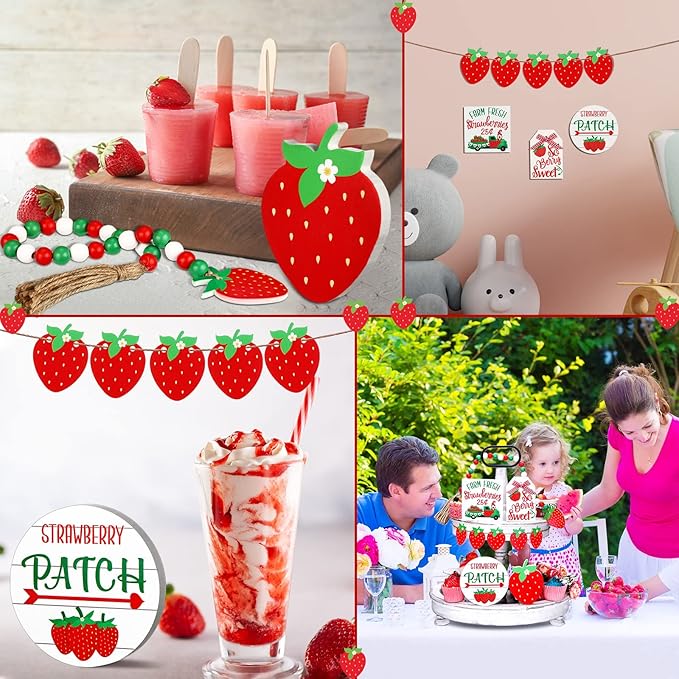 Yalikop 10 Pcs Summer Tiered Tray Decor Sets Strawberry Kitchen Decor Farmhouse Wood Tiered Tray Decorations Standing Sign Bead Garland Banner for Home Able Shelf Mantel Party