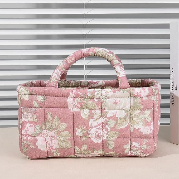 Small Storage Basket Organizer, Mini Quilted Fabric Basket with Handle, Collapsible Storage Bin for Socks, Keys, Diapers