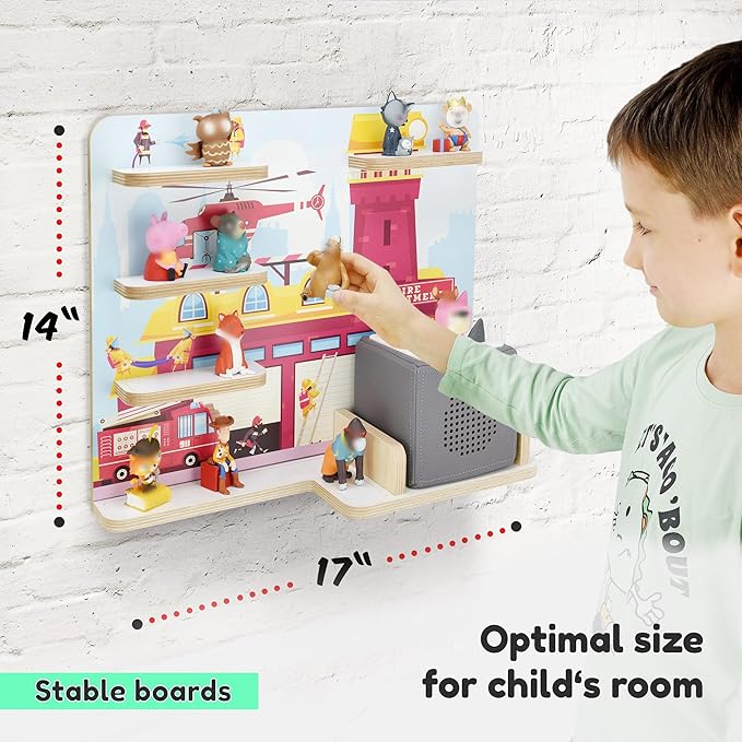 stadtecken Wooden Shelf for Music Box I Suitable for The Toniebox and ca. 35 Tonies I Perfect Storage in The Children's Room I for Setting up or Hanging (Medium, Fire Fighters)