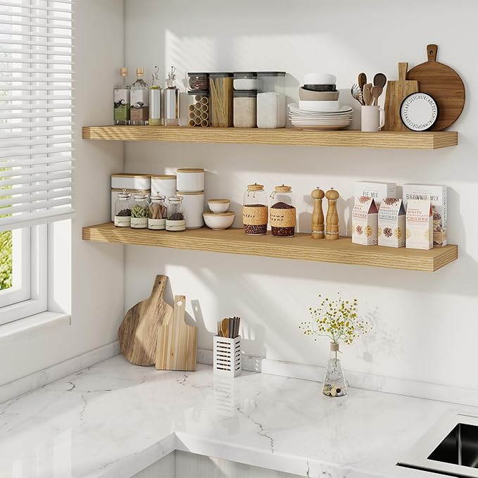 Fun Memories 48 Inch Oak Floating Shelves, 9.3 Inch Deep Wall Shelves for Living Room|Bedroom|Kitchen, Rusitc Wall Mounted Bathroom Shelves 2 Pack, Heavy-Duty Deep Shelf for Books，Decor