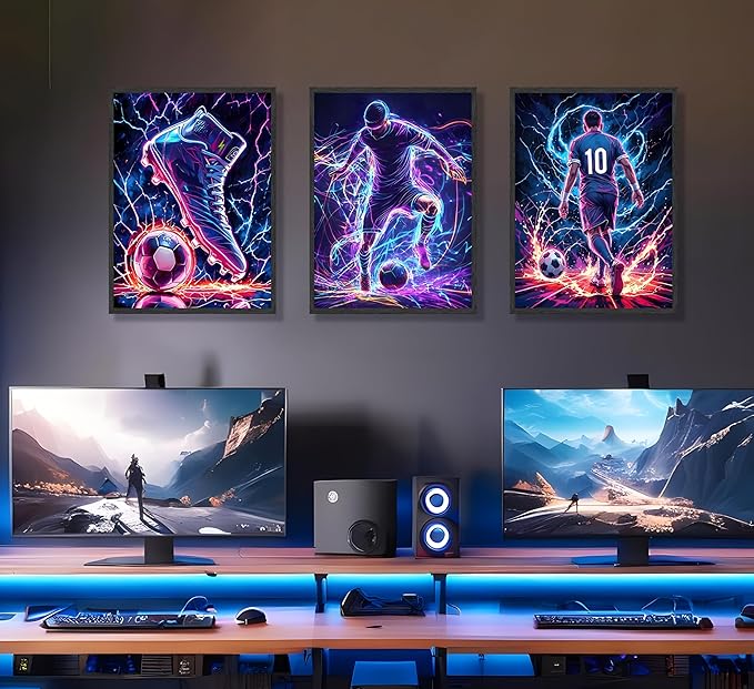 FJKLRP 3pcs Neon Lightning Soccer Canvas Wall Art Football Wall Decor with 10 Number Player Paintings posters Trendy Sports Artwork for Bedroom Living Room Fan Cave Game Room decor Unframed