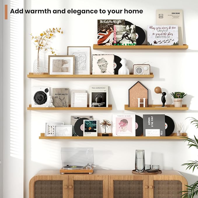 Fun Memories Picture Ledge Shelves Set of 4, 36 Inch Rustic Wall Mounted Floating Shelves with Lip for Home Storage and Décor in Bathroom, Kitchen, Nursery, Bedroom, Living Room, Oak