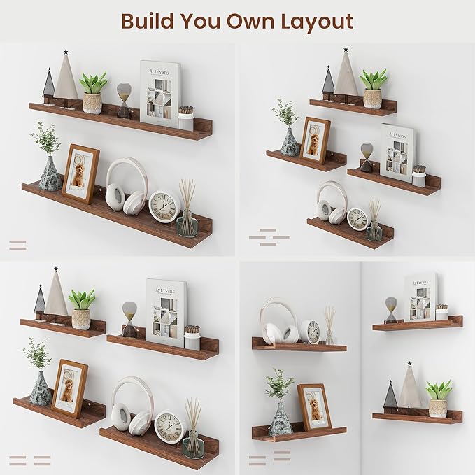 Axeman Picture Ledge Shelf | 55 Inch Walnut Floating Shelves Set of 4 | Rustic Wood Wall Shelves with Lip | 55" Walnut Picture Shelves for Wall with Ledge | Photo Shelves