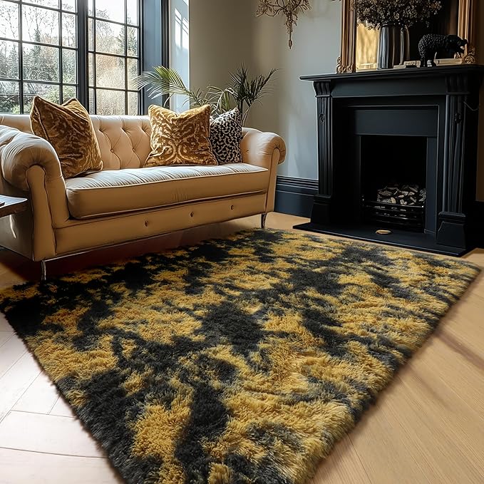 Amdrebio Black Gold Yellow Grey Rugs for Bedroom Living Room Decor, Fluffy Furry Fuzzy Shaggy Area Rug 5x7 for Kids Room Dorm Home Office, Modern Cool Leopard Cheetah Shag Carpet for Teen Boys Men