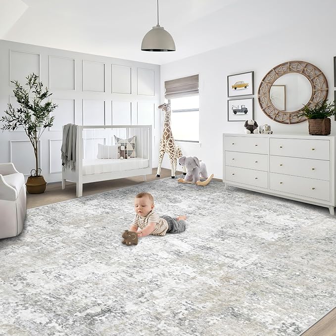 XLUEZ 9x12 Area Rug for Living Room, Washable Modern Abstract Large Area Rug Neutral Soft Non Slip Kids Rug Stain Resistant Indoor Carpet for Bedroom Dining Room Playroom Office(BeigeGrey, 9'x12')