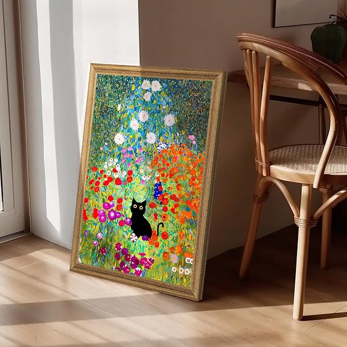 Fantasy Artists Gustav Klimt Canvas Wall Art, Framed Aesthetic Cat Floral Wall Decor, Garden Flower Black Cat Poster Paintings for Living Room Bedroom Bathroon, Dorm Home Decorations, 20" X 30"